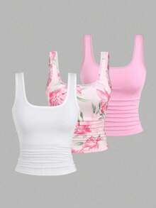 SHEIN CURVE+ Bộ 3 món áo vest không tay cỡ lớn dành cho nữ, màu trơn và họa tiết in, thích hợp cho mùa hè. - Nhiều màu - Xem 1