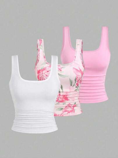 SHEIN CURVE+ 3pcs Plus Size Women's Casual Solid Color & Full Printed Pattern Sleeveless Vest Set, Summer