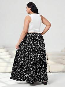 SHEIN EZwear 大码女式休闲纯色连体衣和碎花迷你裙两件套，春夏款 - 黑與白 - 查看 4