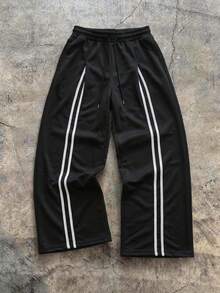 STEELVANCE 男士抽绳腰带条纹阔腿宽松运动裤 - 黑色 - 查看 1