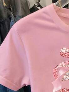 Elladie kids Áo thun ngắn tay cổ tròn màu hồng cho bé gái, in hình trái tim và quả anh đào đính đá giả màu hồng, kiểu dáng dễ phối đồ, thích hợp cho mùa xuân, hè và thu. - Hồng - Xem 4