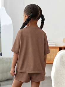 SHEIN 2pcs Young Girl Knitted Solid Color Round Neck Loose Casual T-Shirt And Shorts Set - Mocha Brown - View 2