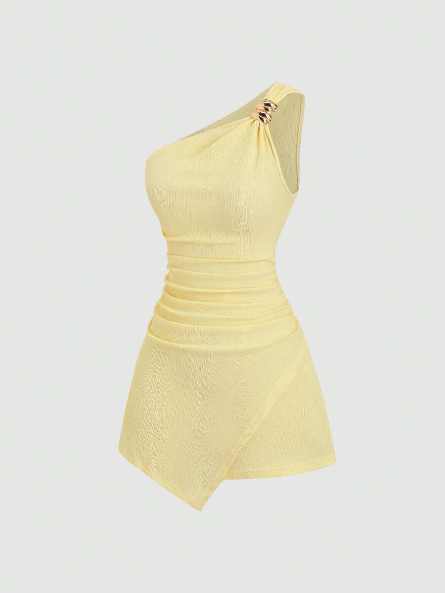 Sweetra Đầm công sở thanh lịch, đa năng, kiểu dáng Y2K, gợi cảm, bất đối xứng, chất liệu vải có họa tiết, xếp ly, cài cúc. - Màu vàng - Xem 1