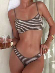 Swim Vcay Bikini de dos piezas de estilo retro jacquard elegante para vacaciones, fiestas y playa, nueva colección de verano - Marrón - Ver 1