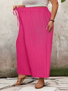 SHEIN CURVE+ Plus Size Casual Solid Color Loose Fit Long Pantssummer/Country/Beach Vacation Outfits/Beach Outfits/Beach Wear - Hot Pink - View 4