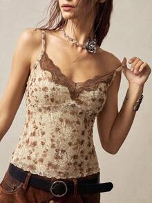 Bohemela Áo hai dây ôm sát dành cho nữ, phối họa tiết đan móc và viền ren, thích hợp cho kỳ nghỉ xuân/hè. - Màu nâu  Mocha - Xem 2