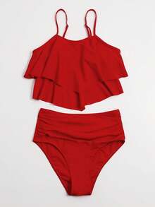 Elavelle Conjunto de tankini unicolor con dobladillo de pañuelo, top fluido y parte inferior fruncida de talle alto, traje de baño de 2 piezas - Rojo - Ver 4