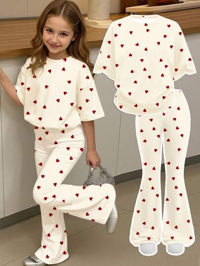 Tween-Mädchen Casual Creme Weiß & Burgunderrot, süß niedlich Retro Mini Herz Muster Kurzarm T-Shirt und Hose 2-teiliges Set, geeignet für Sommer, Schulanfang