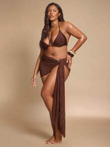 SHEIN BAE Plus Size Women's Solid Color Minimalist Casual Cover Up Summer Beach Vacation - Brown - View 5