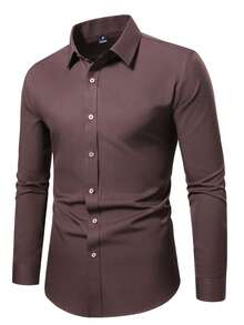 Manfinity Mode Men's Solid Color Minimalist Casual Long Sleeve Shirt - Coffee Brown - View 3