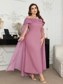Modelyn Plus Size Women 3D Floral Chiffon Poncho Dress, Elegant For Party And Vacation - Black - View 3