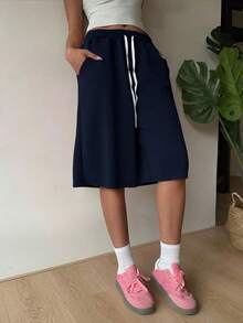 SHEIN Muchic Plus Size Navy Blue Casual Women Drawstring Waist Wide Leg Shorts - Navy Blue - View 3