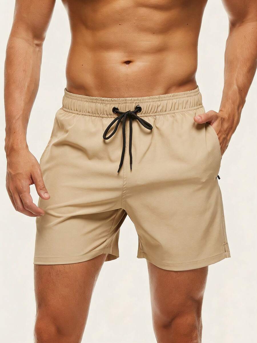 Manfinity KASUA Pantalones cortos casuales de playa para hombre de talla grande, unicolor, con bolsillos inclinados y cintura con cordón, para vacaciones - Caqui - Ver 1