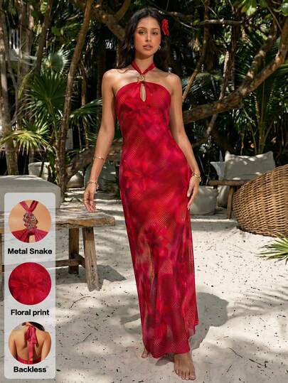 Optris Vestido largo de línea A con estampado floral de malla roja, decoración de metal calado, escote halter sin espalda y cinturón para mujeres. Elegante para verano, vacaciones, playa, boda, salidas casuales y uso diario.