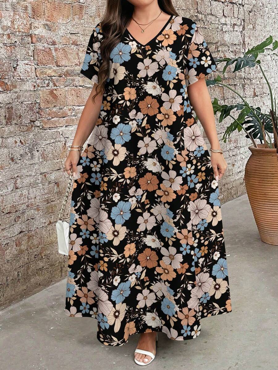 EMERY ROSE Plus Size Women Floral Retro Print V-Neck Short Sleeve Maxi Dress, Elegant Vacation Dresses, Summer - Multicolor - View 1
