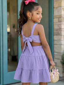 Vestido casual de vacaciones para niña joven con textura púrpura, tirantes finos y espalda descubierta - Azul - Ver 5