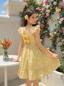 SHEIN 女童夏季短袖黄色连衣裙，清新田园风，适合海滩度假，黄白格子图案，采用柔软梭织面料制成 - 彩色 - 查看 3