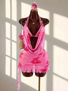 Amplova 女士印花深V领两件套文胸套装，性感前卫，适合度假穿着，露背设计，荷叶边下摆，不对称下摆 - 彩色 - 查看 4