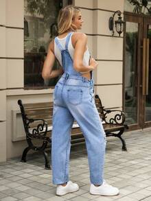 SHEIN 孕妇做旧无弹力牛仔背带裤 - 中等水洗藍 - 查看 2