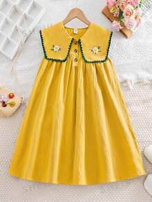 SHEIN Girls' Floral Embroidered Dress,White Summer Fairy Party Peter Pan Collar,Pastoral Ruffle Trim Contrast Color Puff Sleeve Round Neck Versatile Dress - Yellow - View 6