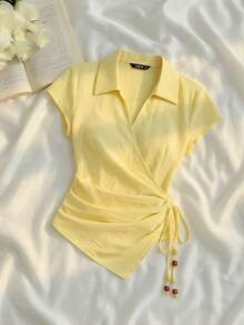 SHEIN MOD Áo sơ mi nữ mùa hè kiểu dáng thường ngày, màu trơn, buộc dây, vạt áo bất đối xứng. - Màu vàng - Xem 1