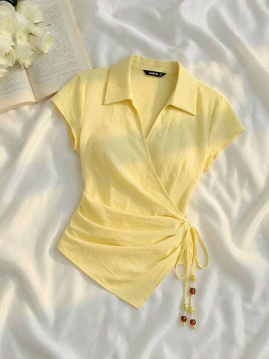 SHEIN MOD Áo sơ mi nữ mùa hè kiểu dáng thường ngày, màu trơn, buộc dây, vạt áo bất đối xứng. - Màu vàng - Xem 1