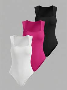 EMERY ROSE Set de 3 bodys ajustados de mujer de unicolor, con cuello cuadrado y sin mangas, de canalé, para verano - Multicolor - Ver 4
