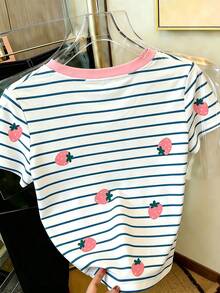 EMERY ROSE Áo thun nữ cỡ lớn, cổ chữ V, tay ngắn, họa tiết kẻ sọc và dâu tây đơn giản, thích hợp mặc hàng ngày. - Nhiều màu - Xem 2