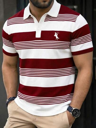Manfinity Dauomo Men's Striped Print Polo Shirt, Standard Size, Casual Business Commute Outdoor Wear, Summer