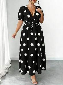 SHEIN PETITE CURVE 女士V领波点花瓣袖系带腰身优雅连衣裙，春夏款 - 黑與白 - 查看 5