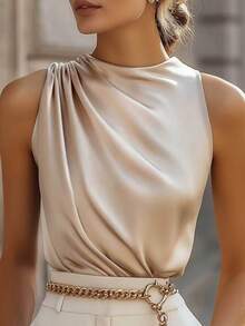 Franclia Women's Elegant Satin Sleeveless Top,Summer Beige Silk Blouse With Shoulder Ruched Design,Versatile Chic Office Wear,Classy Solid Color Holiday Tops - Champagne - View 6