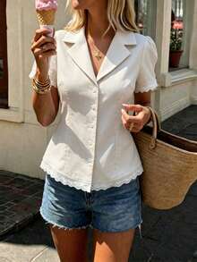 Pariaura INS Vintage White Gingham Shirt,French Collar Short Sleeve Lace Patchwork Fitted Cardigan Blouse For Women,Elegant Summer Brunch Classy Women's Shirts - Khaki - View 4