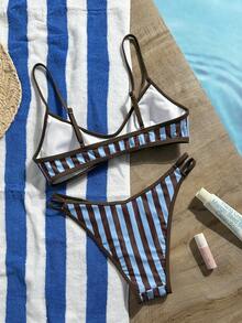 Swim Mod Hot Selling Striped Print Adjustable Strap Low-Cut Top + Striped Print Triangle Bottoms, Beach Vacation Casual Matching Swimsuit Set - Multicolor - View 2