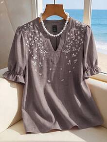 Women's Casual Embroidered Notched Neck Short Sleeve Blouse - Khaki - View 4