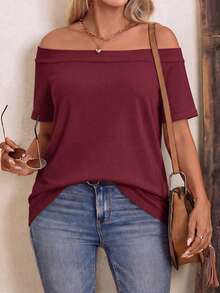 EMERY ROSE New Basic Vintage Wine Red Casual One-Shoulder Short Sleeve Plus Size T-Shirt - Burgundy - View 3