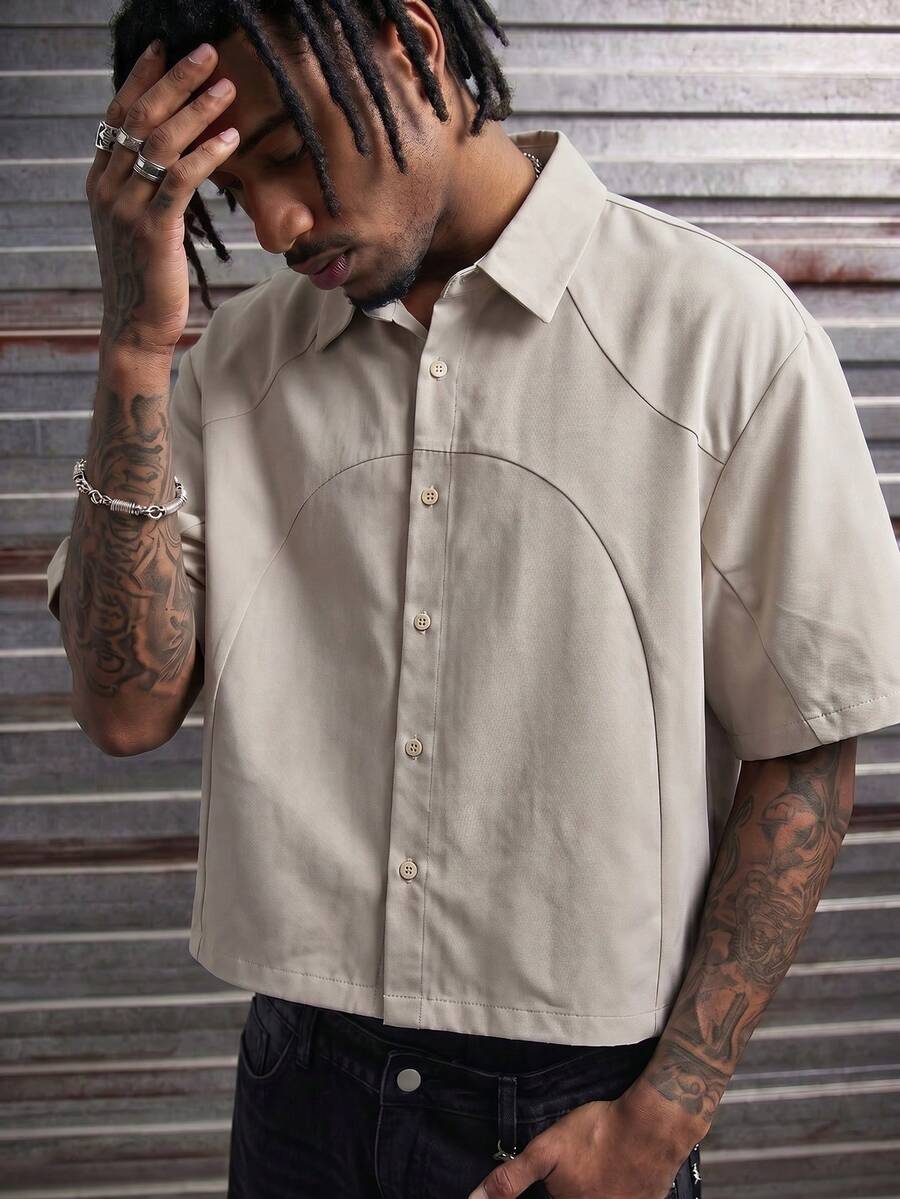 AXEPEAK Men's Street Fashion Solid Color Button-Down Short Sleeve Shirt - Grey - View 1