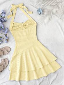 Tween Girls Dresses,Pale Yellow Summer Cute Beach Holiday Elegant Textured Halter Neck Tie Front Ruched Metallic Decor Tiered Ruffle Hem Mini Dress - Yellow - View 2