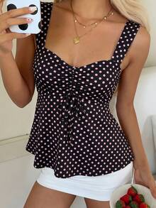 CovetEZ 2026 Spring/Summer New Women's Apparel: Black & Pink Polka Dot Cute Casual Versatile Ruffle Drawstring Blouse/Tank Top - Brown - View 6