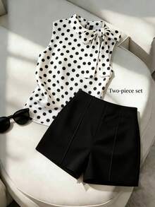 SHEIN Franclia Bộ đồ nữ mùa xuân/hè: Áo tank top không tay ôm sát, cổ yếm, buộc dây bên hông, bèo nhún, chấm bi, kết hợp với quần short ôm sát cạp cao, tôn dáng. - Đen và trắng - Xem 4