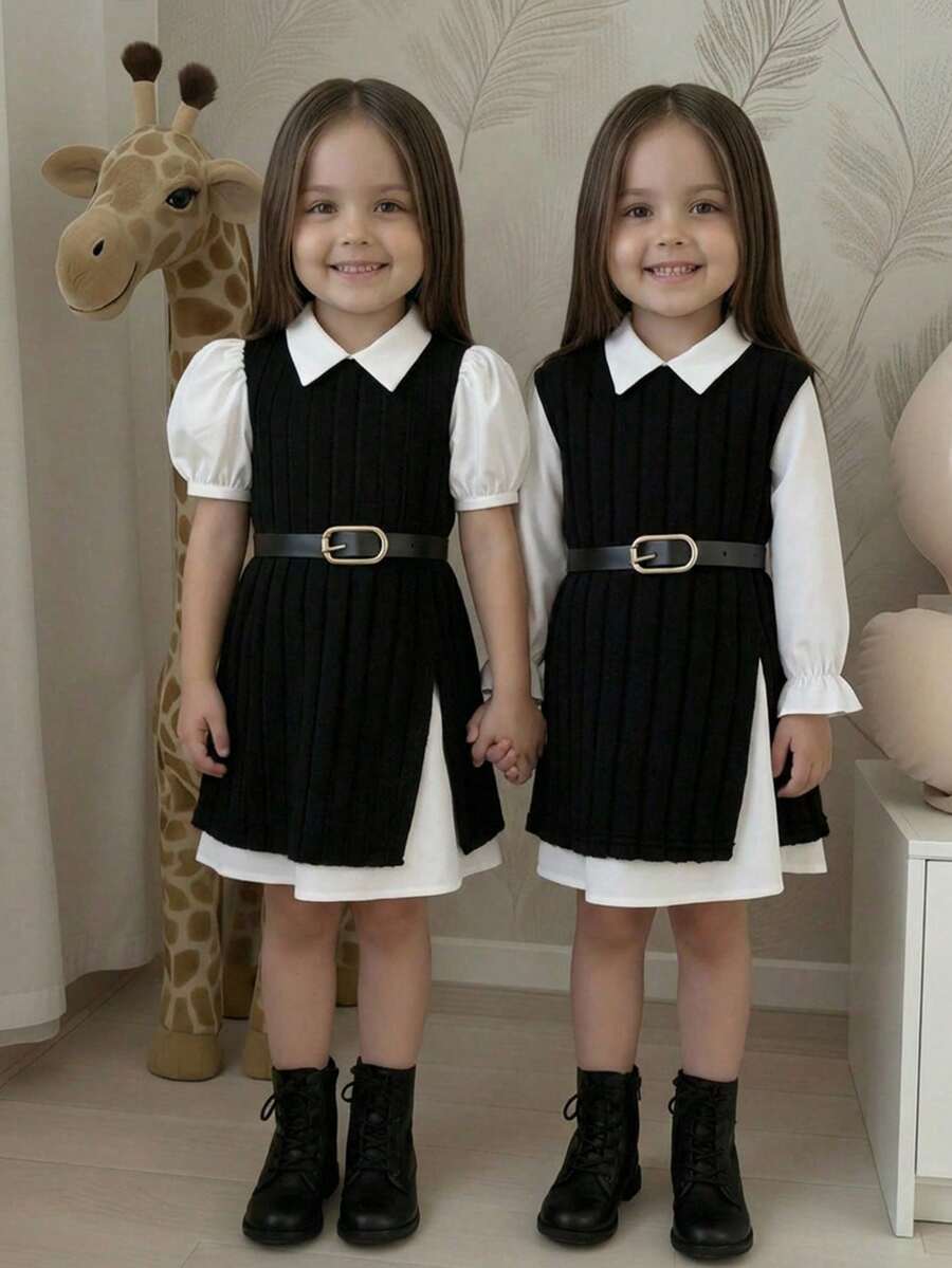 Abito a maniche lunghe bicolore carino per ragazze, adatto per primavera/estate - Bianco e nero - Visualizzare 1