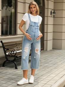 SHEIN Maternity Casual Washed Distressed Non-Stretch Denim Bib Pants - Medium Wash - View 4