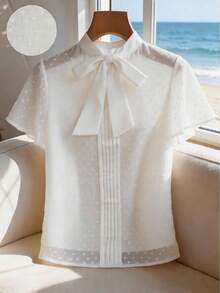 Heiryn Blouse élégante à manches volantées avec col noué, couleur unie, pour le bureau et les déplacements, été - Blanc - Voir 10