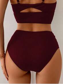 Shapewave Women's Summer Casual Vacation Ribbed High Waist Shorts, Tummy Control Black Swimwear Bottom - Burgundy - View 6