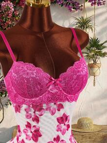 Amplova Lace Cup Detail Tropical Floral Mesh Bodycon Mini Dress - Pink - View 5