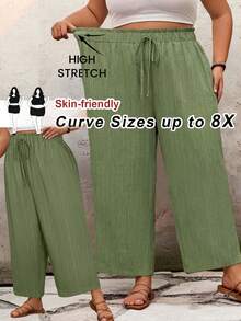 SHEIN CURVE+ 大码休闲纯色宽松长裤，适合夏季/乡村/海滩度假穿着/海滩装/沙滩服饰 - 薄荷綠 - 查看 1