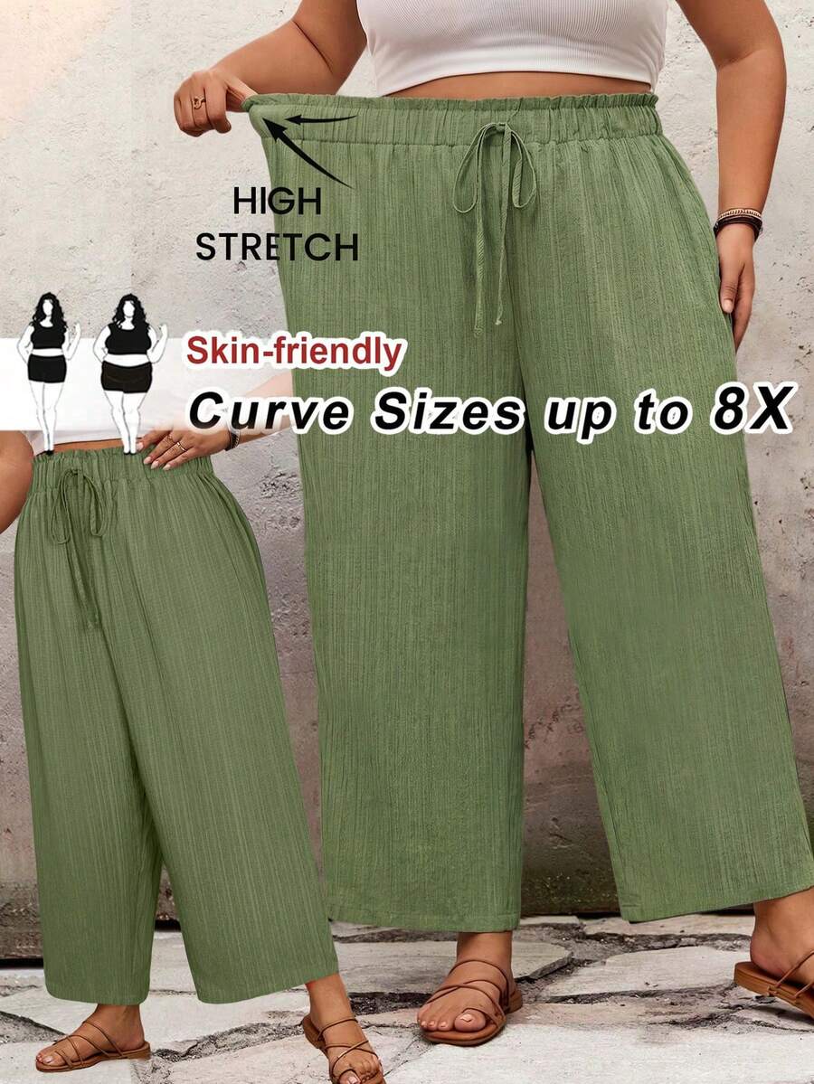 SHEIN CURVE+ 大码休闲纯色宽松长裤,适合夏季/乡村/海滩度假穿着/海滩装/沙滩服饰 - 薄荷綠 - 查看 1