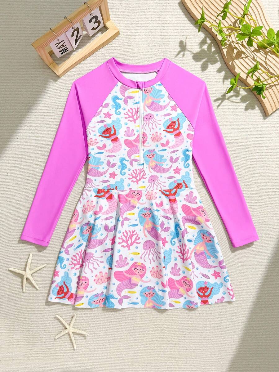 SHEIN 少女卡通印花拼接插肩袖半拉链连体泳衣,沙滩/度假风 - 彩色 - 查看 1