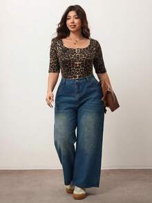Plus Size Women Leopard Print Crew Neck Short Sleeve T-Shirt, Suitable For Summer, Music Festivals, Vacation Parties - Multicolor - View 5