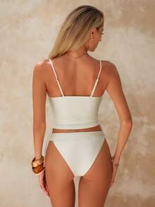 Swim Chiccia Elegant Stone Fabric Smooth Material Pleated Long Tankini Top And Pleated Triangle Bottoms 2 Pieces Swimsuit - Beige - View 2