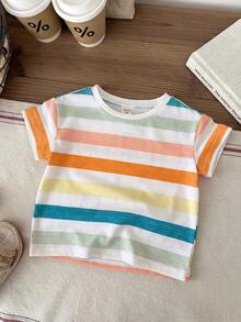 SHEIN Cute Colorful Striped Knit T-Shirt Top, Versatile For Baby Boys And Girls In Summer - Multicolor - View 6